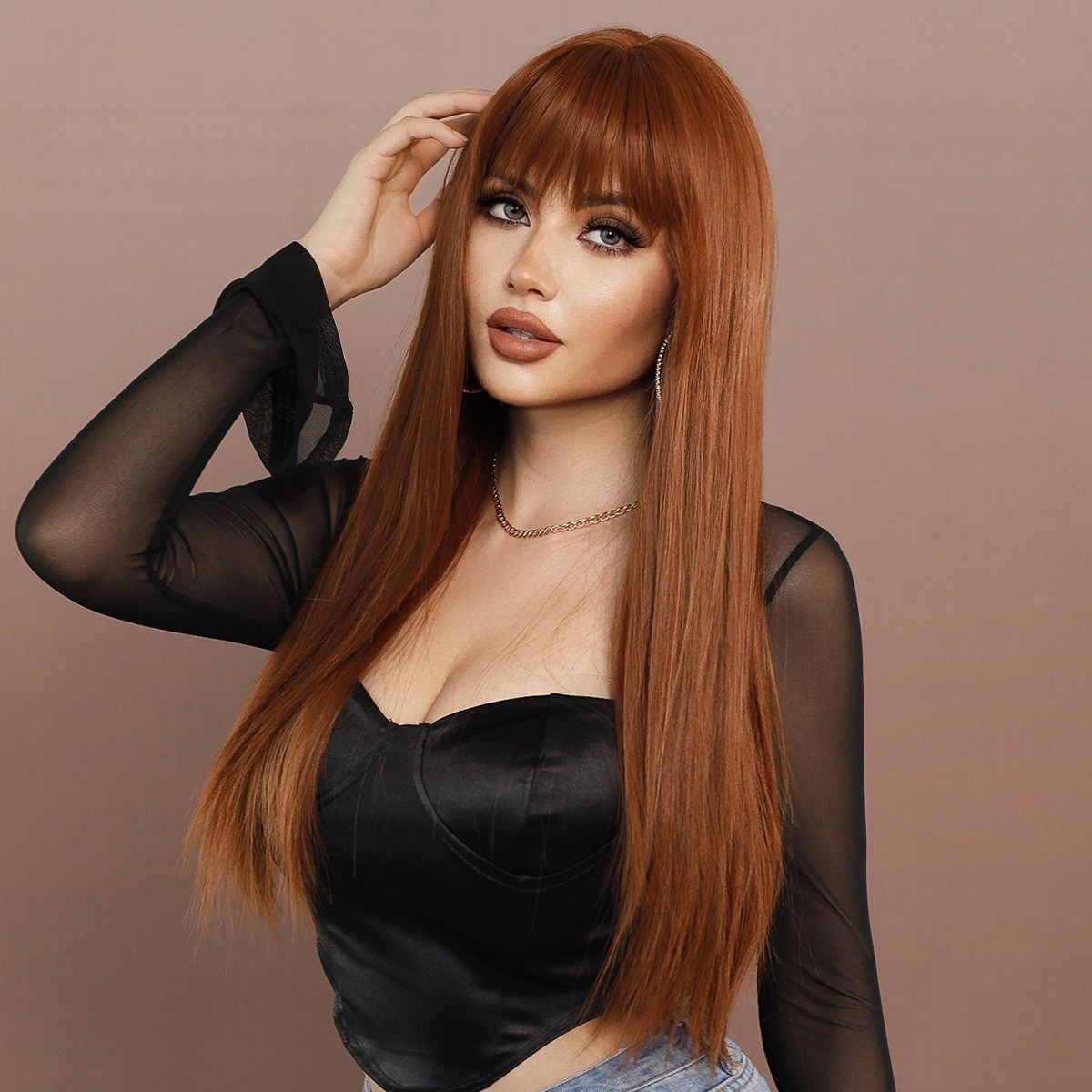 Long Straight Ginger Wig with Bangs for Women Synthetic Hair