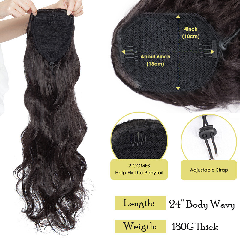 Extra Thick Drawstring Ponytail Clip In Hair Extensions As Human HAIR Brown Wavy