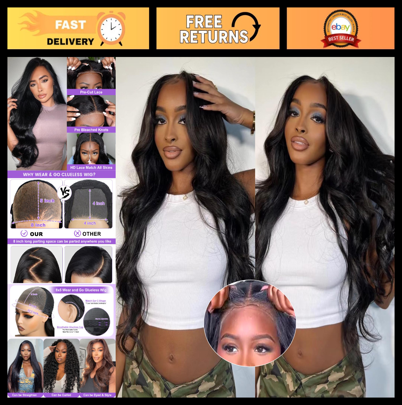 Glueless Lace Front Wig 32″ Body Wave, 180% Density, HD Lace, Pre-Cut for Beginn