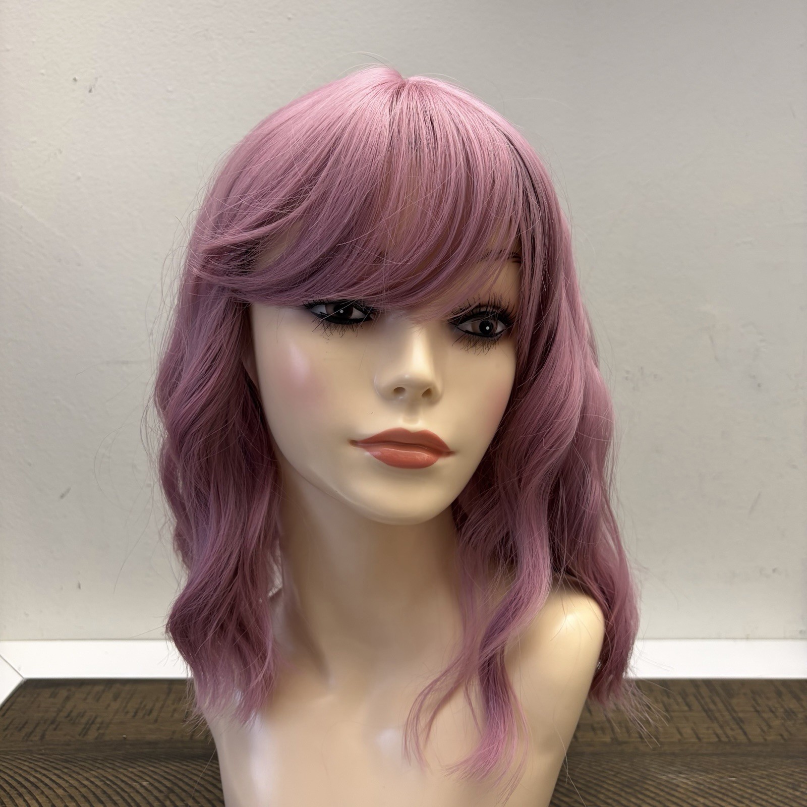 Women Full Cap Wig Wavy Purple Lavender Shoulder Length with Bangs