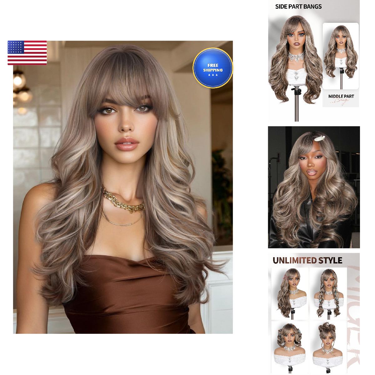 Wiger Long Brown Mixed Blonde Curly Wig Bangs Ombre Brown Highlight Blonde