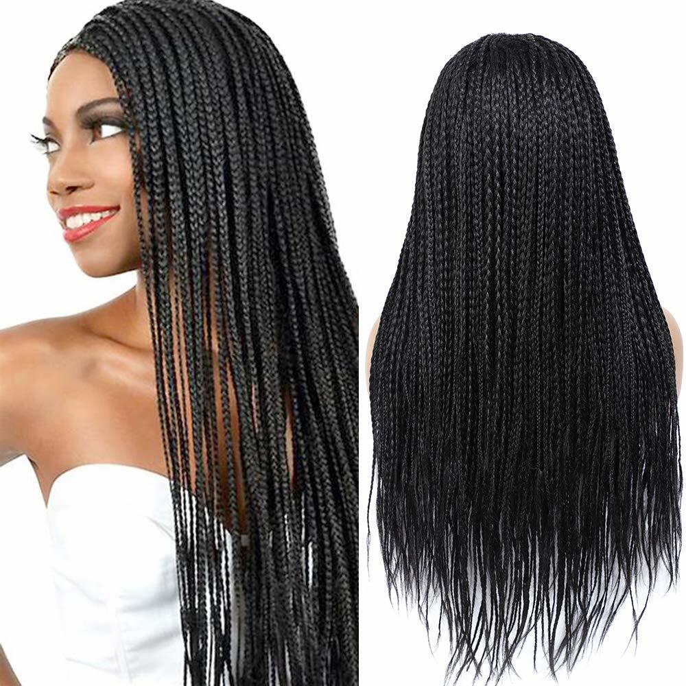 Womens Black Long Box Braided Wigs Micro Braids Hair Synthetic Wigs None Lace