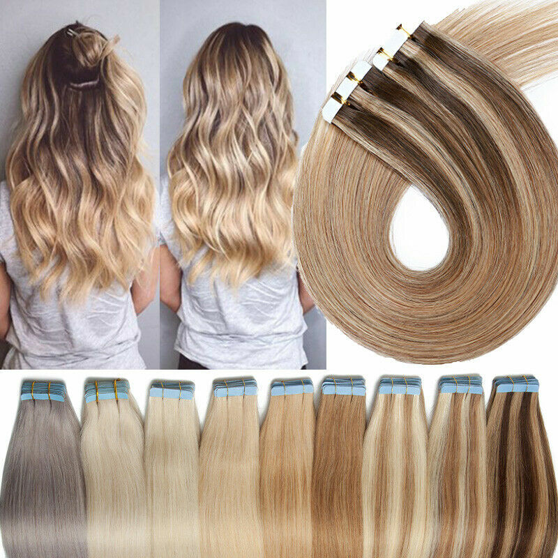 Tape in Real Human Hair Extensions Invisible Skin Wefts Full Head Thick Hair US
