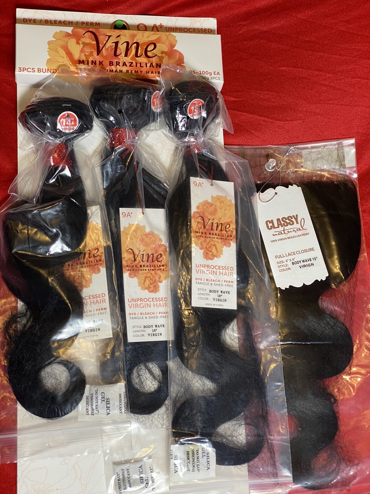 UNPROCESSED 9 A BRAZILIAN BODY WAVE VIRGIN HAIR 3 BUNDLES & CLOSURE “14,16,18