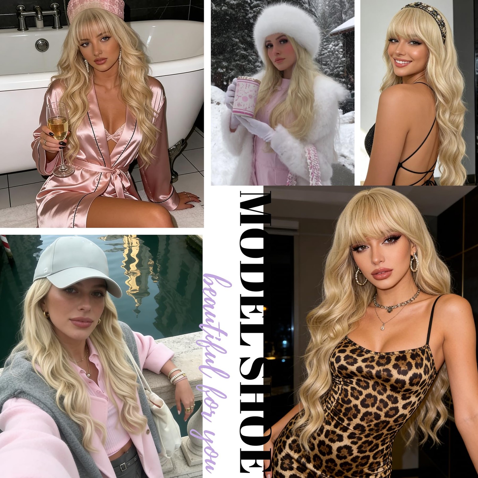 Blonde Wig with Bangs Long Wigs for Women Wavy Wig Curly 26 Inches Long Blond…