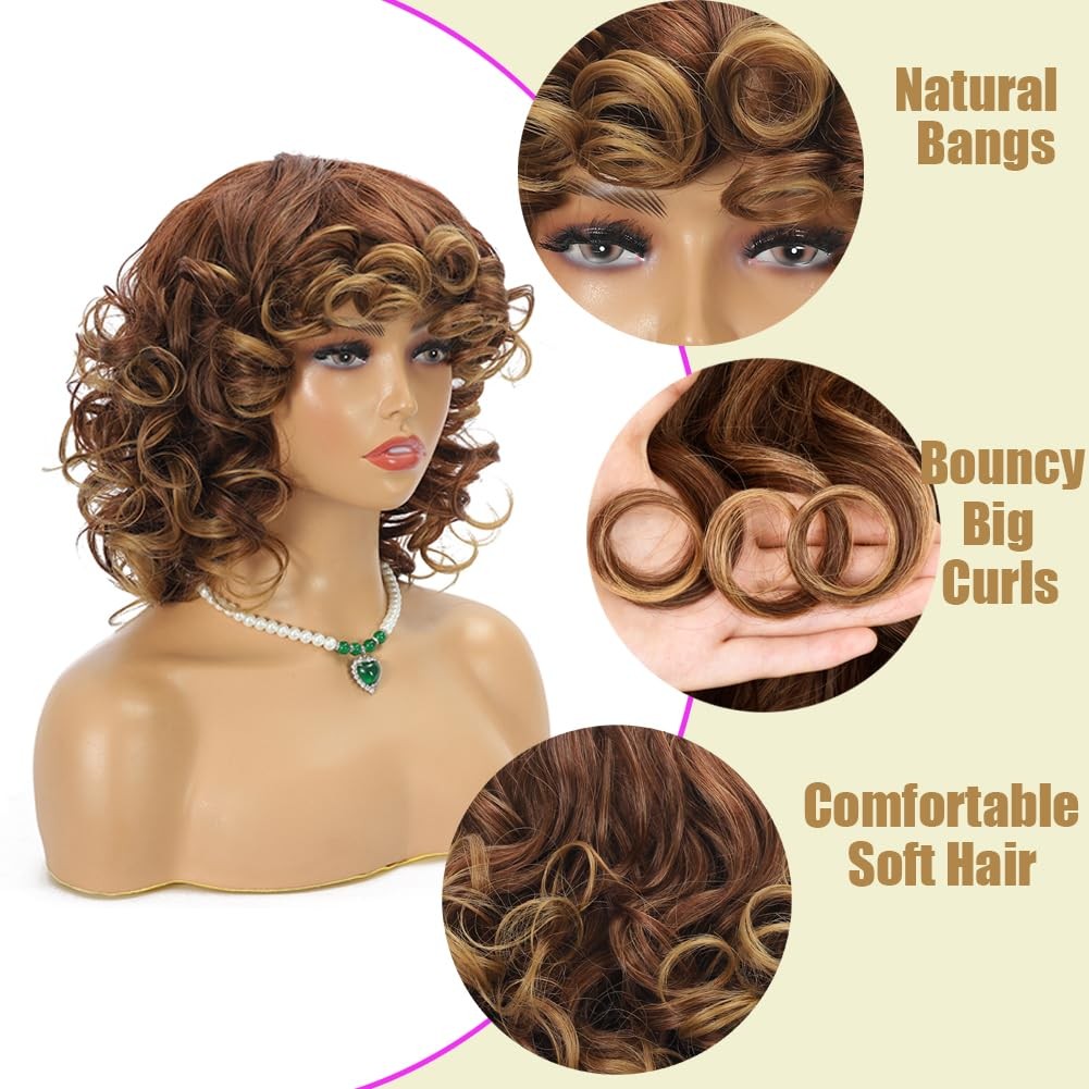 Curly Wigs for Black Women Ombre Blonde Curly Wig with Bangs Big Soft Bouncy …