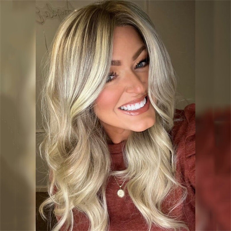 Honey Blonde Balayage Wavy Human Hair 13×4 Lace Front Wig for Women Body Wave