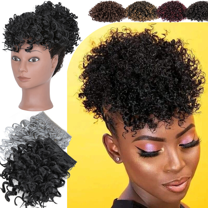 Afro Puff Hair Bun + Bangs Drawstring Clip in Ponytail Kinky Curly Passion Twist