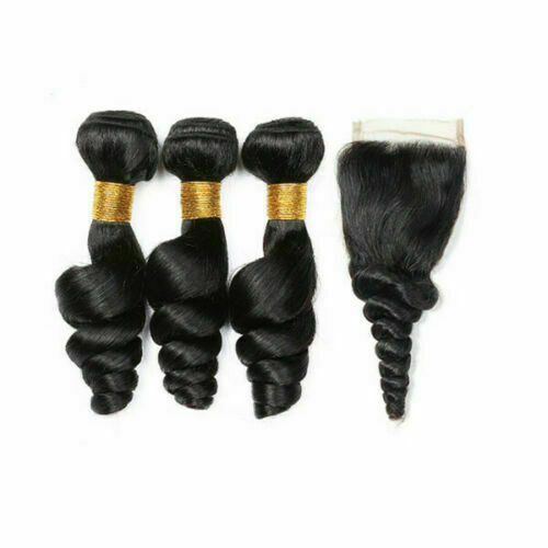 12A PERUVIAN VIRGIN HUMAN HAIR WEFT BUNDLES+4X4 CLOSURE FULL HEAD LOOSE WAVE 1b