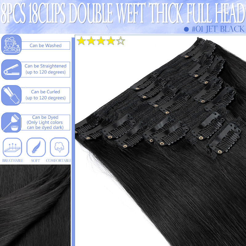 Double Wefts Clip In Remy Human Hair Extensions Thick Full Head 8Pieces 18Clips