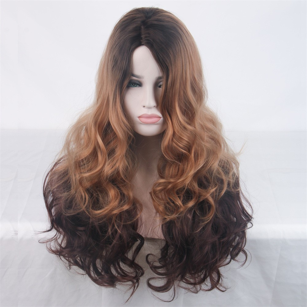 Ombre Brown to Blonde Long Wavy Synthetic Wig for Women Heat Resistant Natural L