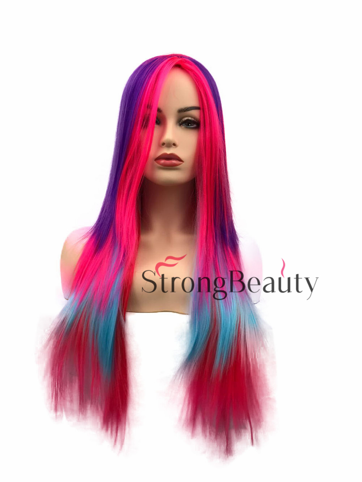 Ombre Pastel Pink Rainbow Color Wig Long Straight Cosplay Wig for Women