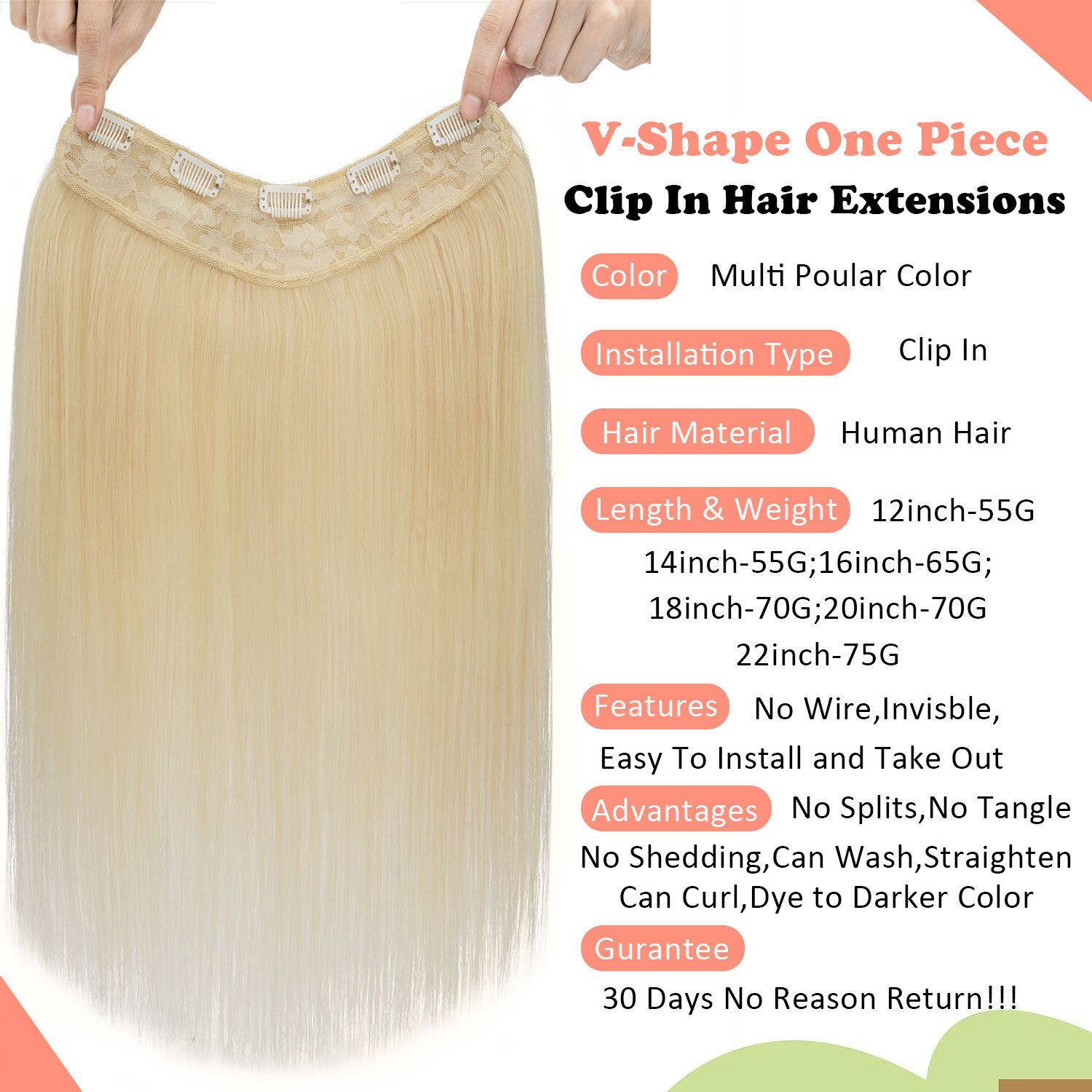 V-Shape Real Remy Human Hair Extensions One Piece Clip In 3/4Full Head Highlight
