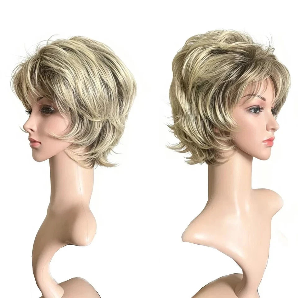 Short Fluffy Curly Blonde Highlight Wig with Bangs Natural Look Heat Resistant S