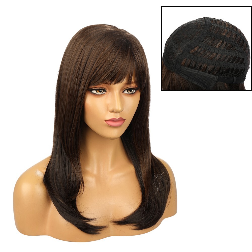 21.6″ Natural Straight Brown Hair Wig Bangs High Temperature Fiber Silk Hair Cap