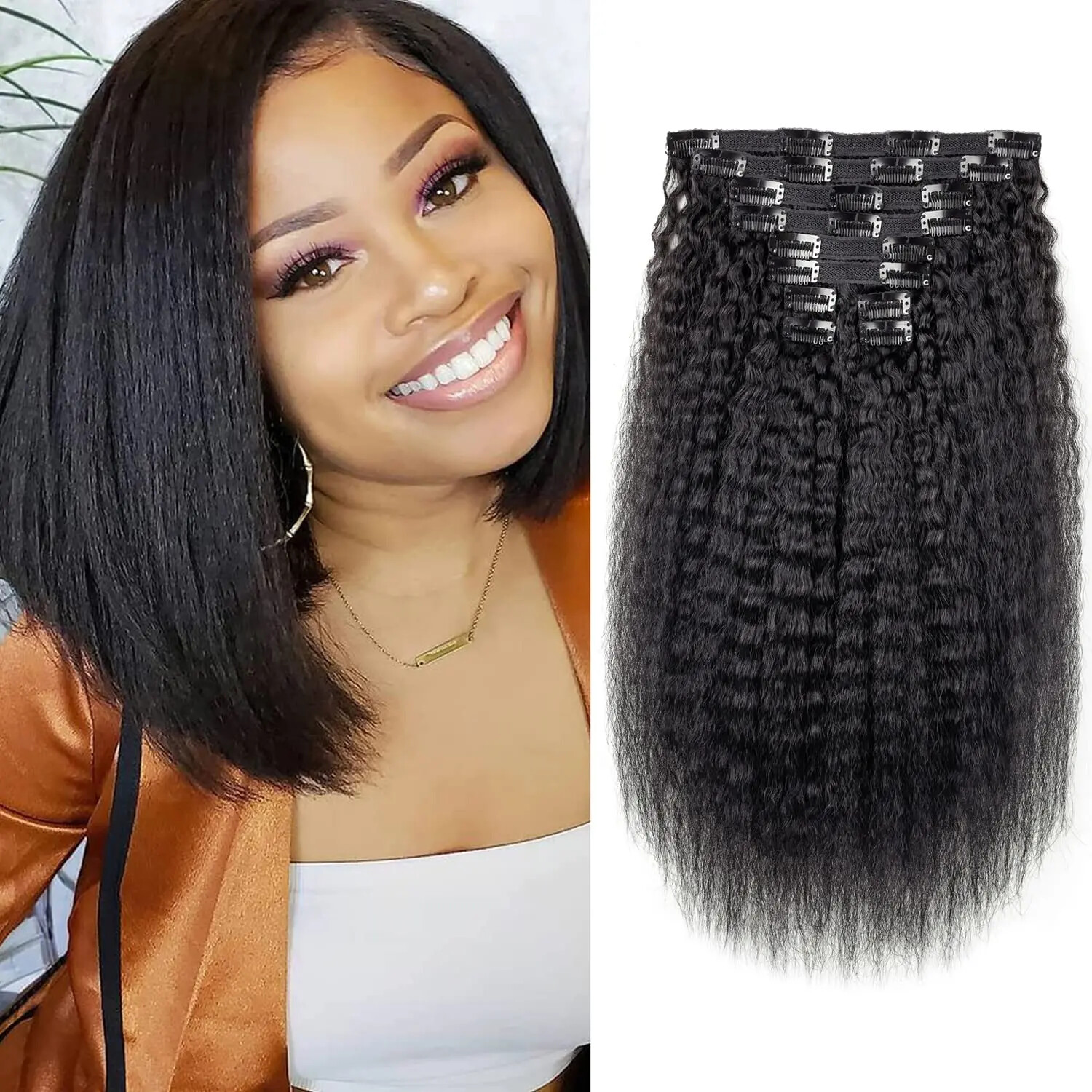 Kinky Straight Clips In Human Hair Extensions 120G 8Pcs/Set Remy Natural Color