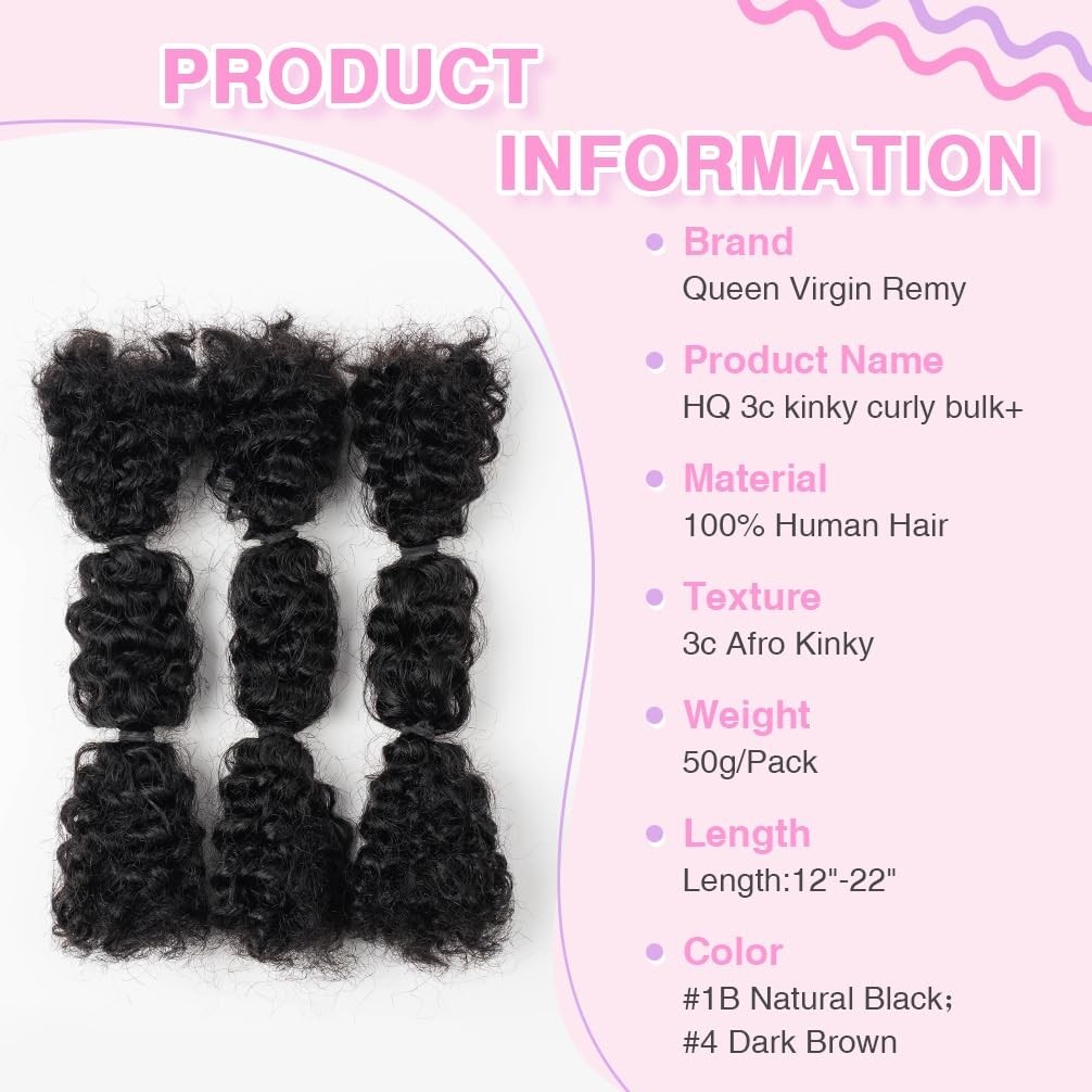 QVR Pro Kinky Curly Bulk Human Hair Extensions 20 Inch for Spring Twists 50 Gram