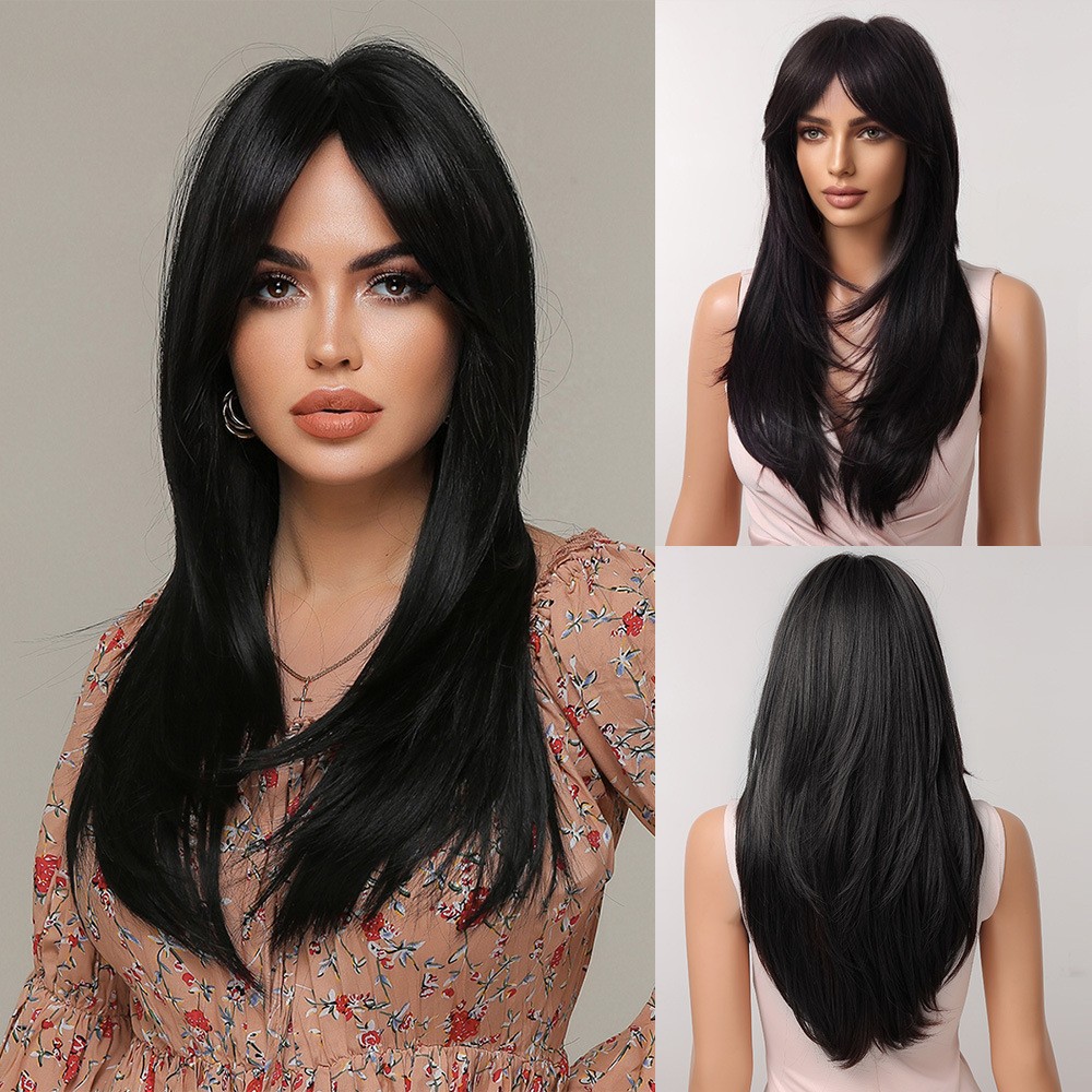Long Straight Layered Cut Brown Blonde Dark Red Black Synthetic Hair Wigs Soft