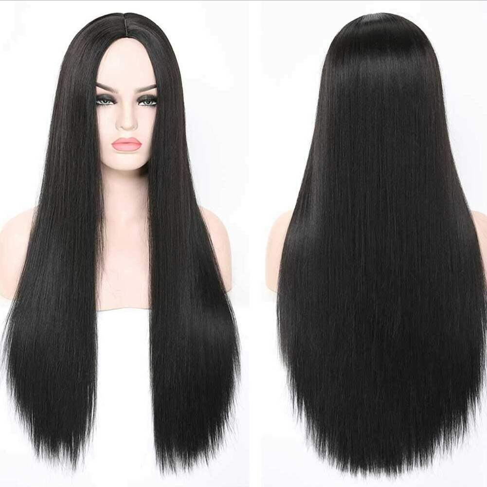 US 1-2 Pack Women Black Long Straight Heat Resistant Human Hair Wig Natural