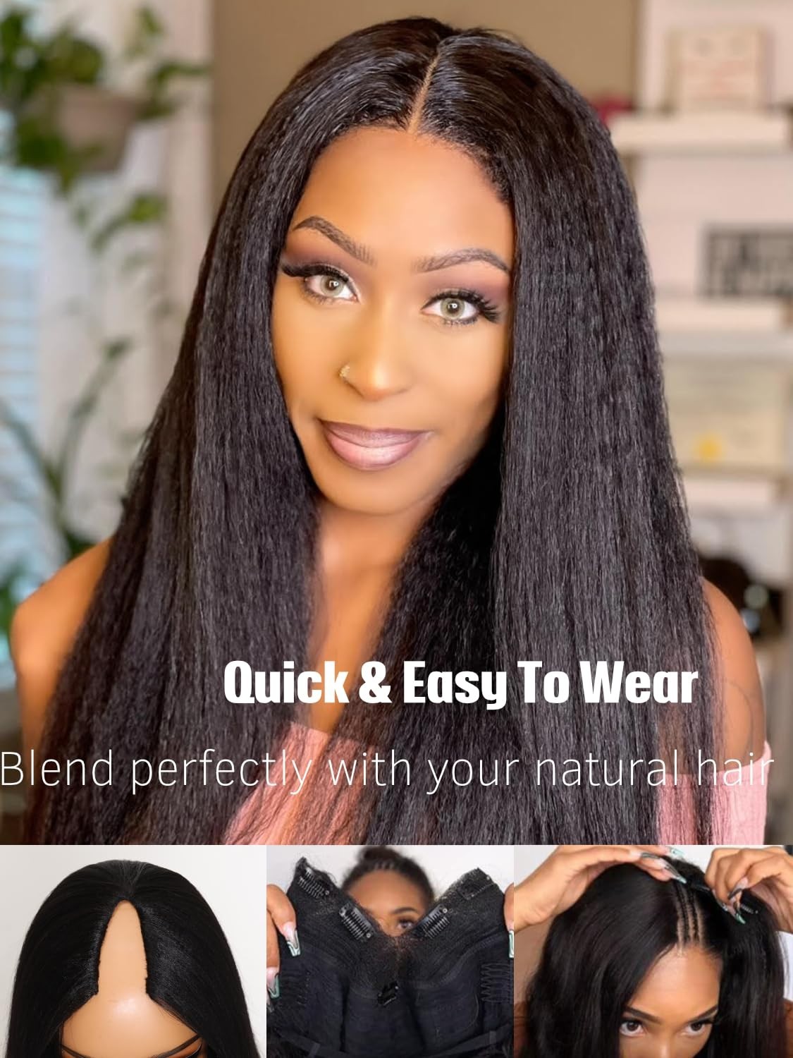 Kinky Straight V Part Wig – Glueless Human Hair, Clip-in, No Leave Out, 18