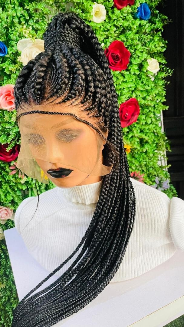 PONYTAIL BRAIDED CONROW WIG ON 360 LACE CLOSURE BLACK 52″
