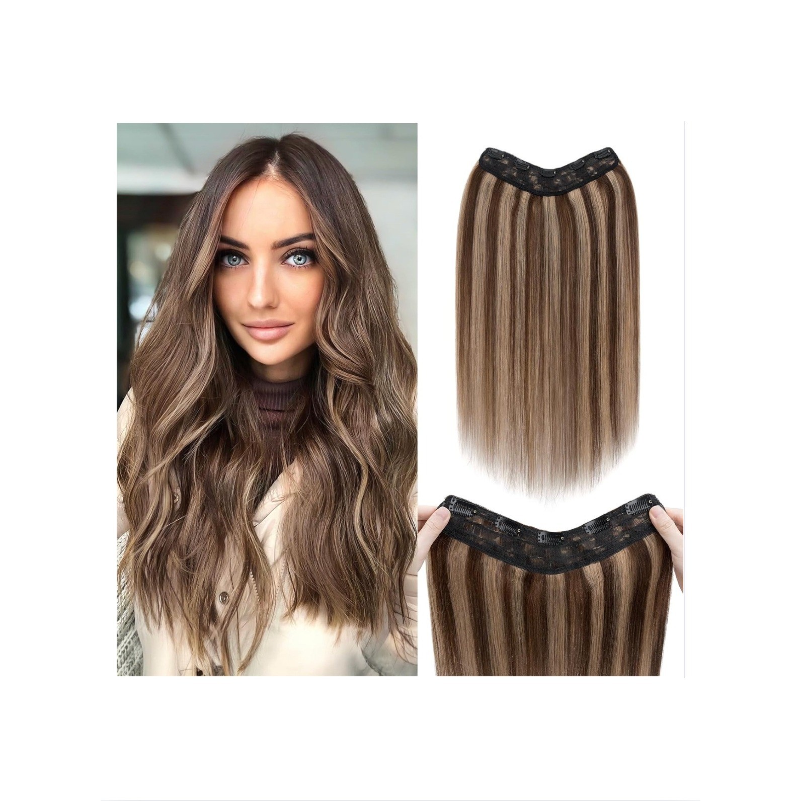 Benehair 16″ Human Hair Extensions Clip In One Piece V-Shape 65g #4P27 Brown Mix