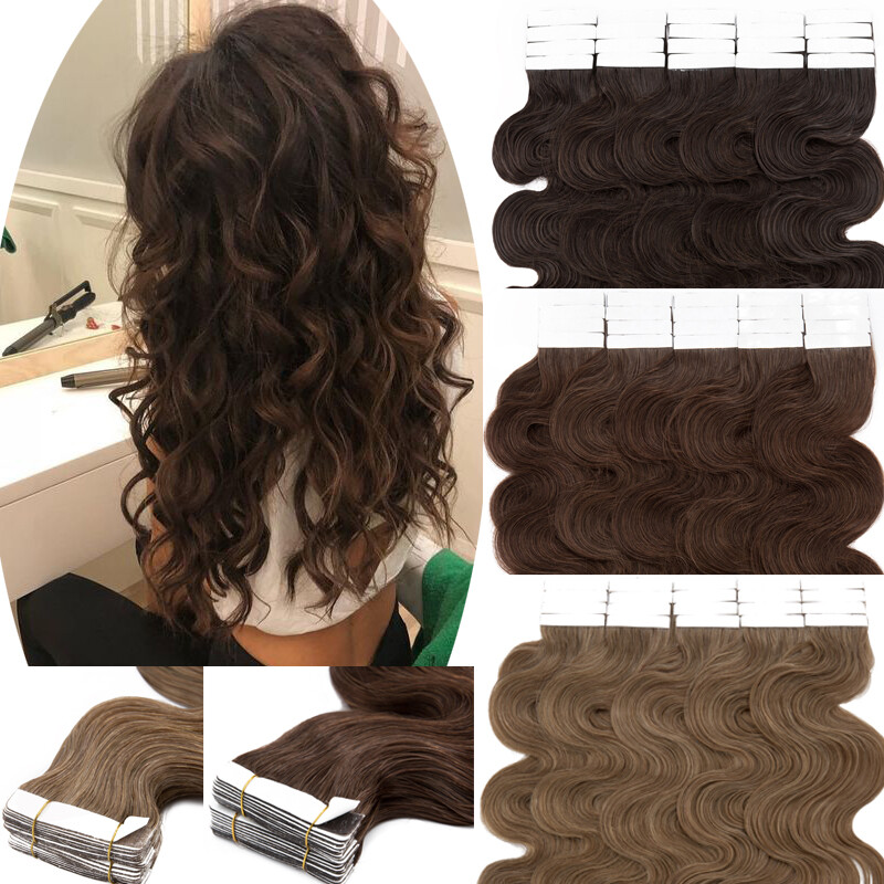 Curly Tape In Human Hair Extensions Russian Skin Weft Thick Wavy Hair 16″-24″ US