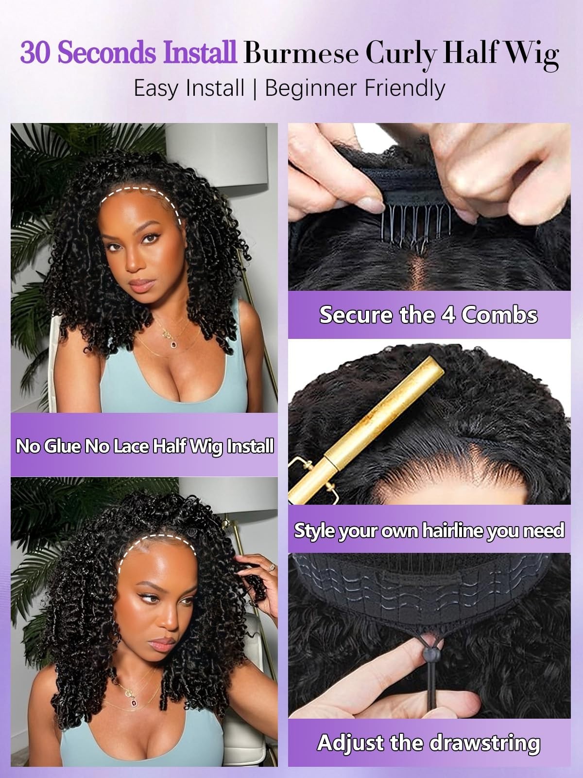 18″ Curly Half Wig Human Hair 180% Density Glueless Drawstring Headband Wig for