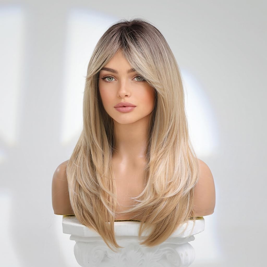 Women Long Blonde Ombre Wig with Deep Roots, Layered Synthetic Wig with Bangs…