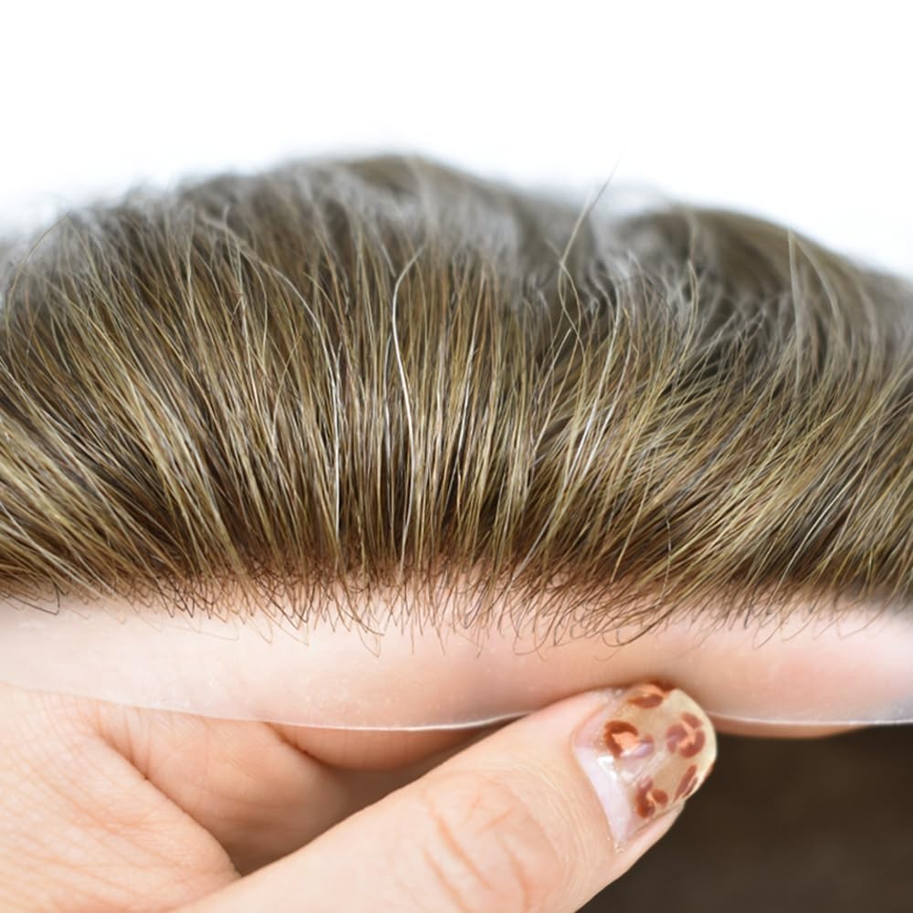 Mens Toupee Hairpiece Durable Fine Mono Poly Human Hair Replacement System
