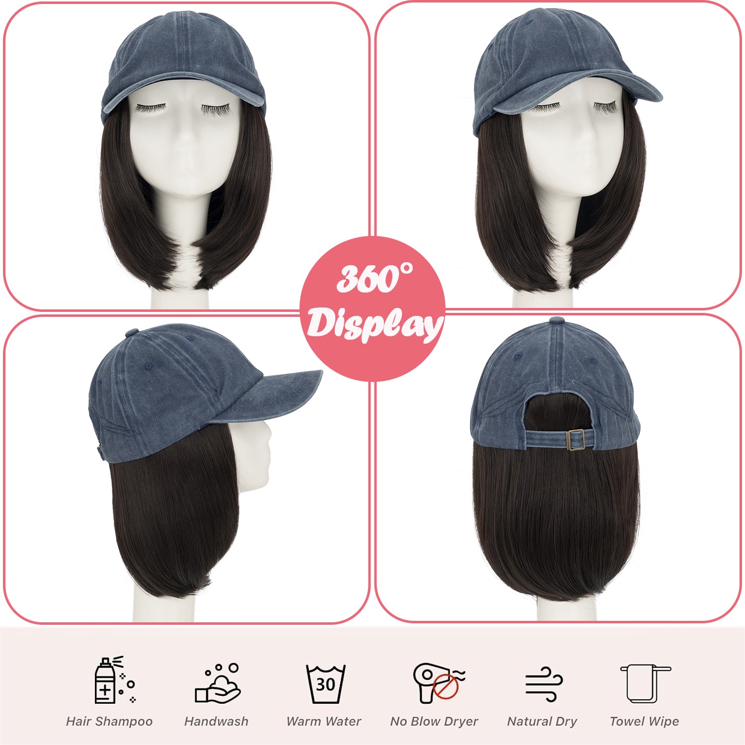 Baseball Cap Hat with Short Synthetic Hair,Baseball Hat Cap with Straight Hair M