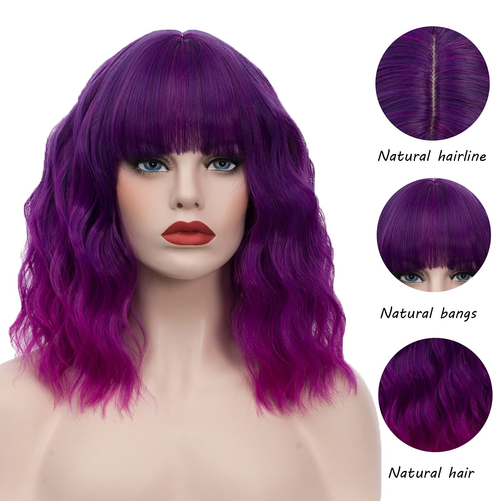 Women’s Bright Purple Ombre Wig Short Curly Wavy Wig Shoulder Length Flat Ban…