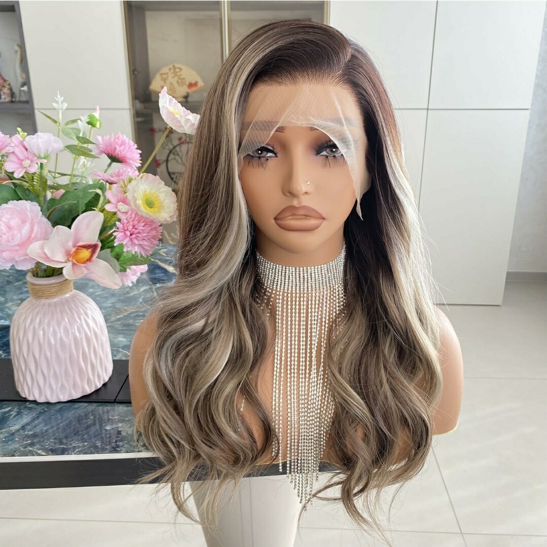 HD Lace Front Wig Human Hair Blend Highlights Straight Honey BROWN Blonde