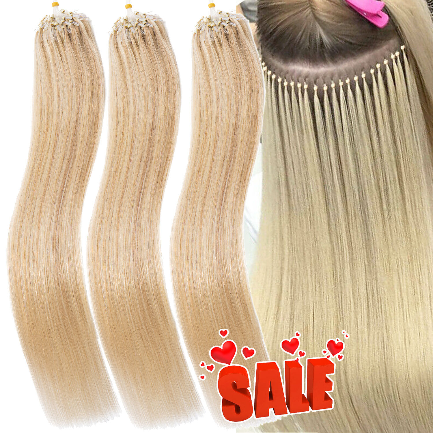 Micro Ring Loop Beads Tip Remy Human Hair Extensions Thick Full Head Black Brown