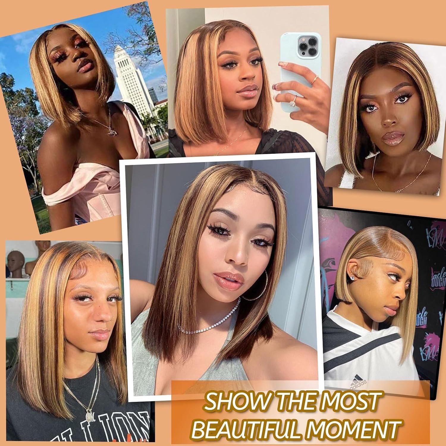 13×4 Ombre Highlight Bob Human Hair Lace Front Wigs P4/27 14 Inch Colored Wigs