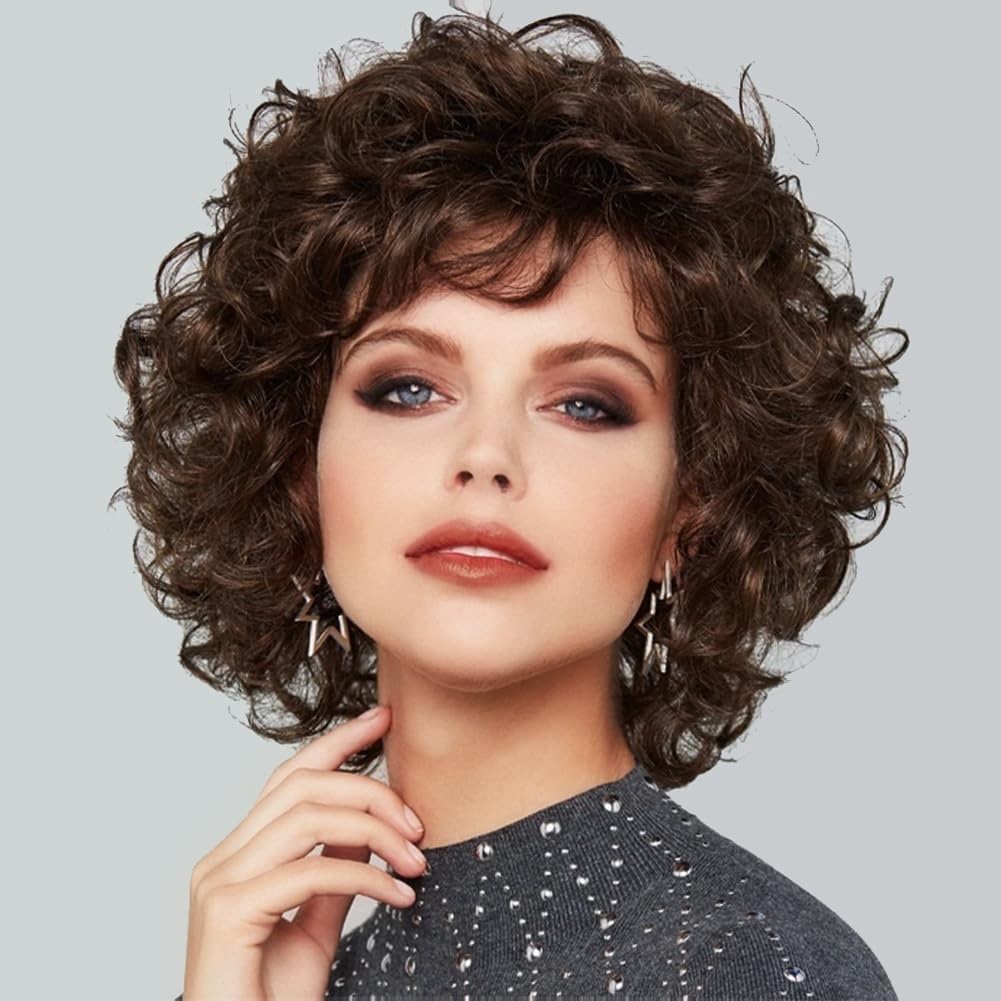 Kaneles Women Short Brown Curly Wig With Bangs Shoulder Length Naturel Halloween