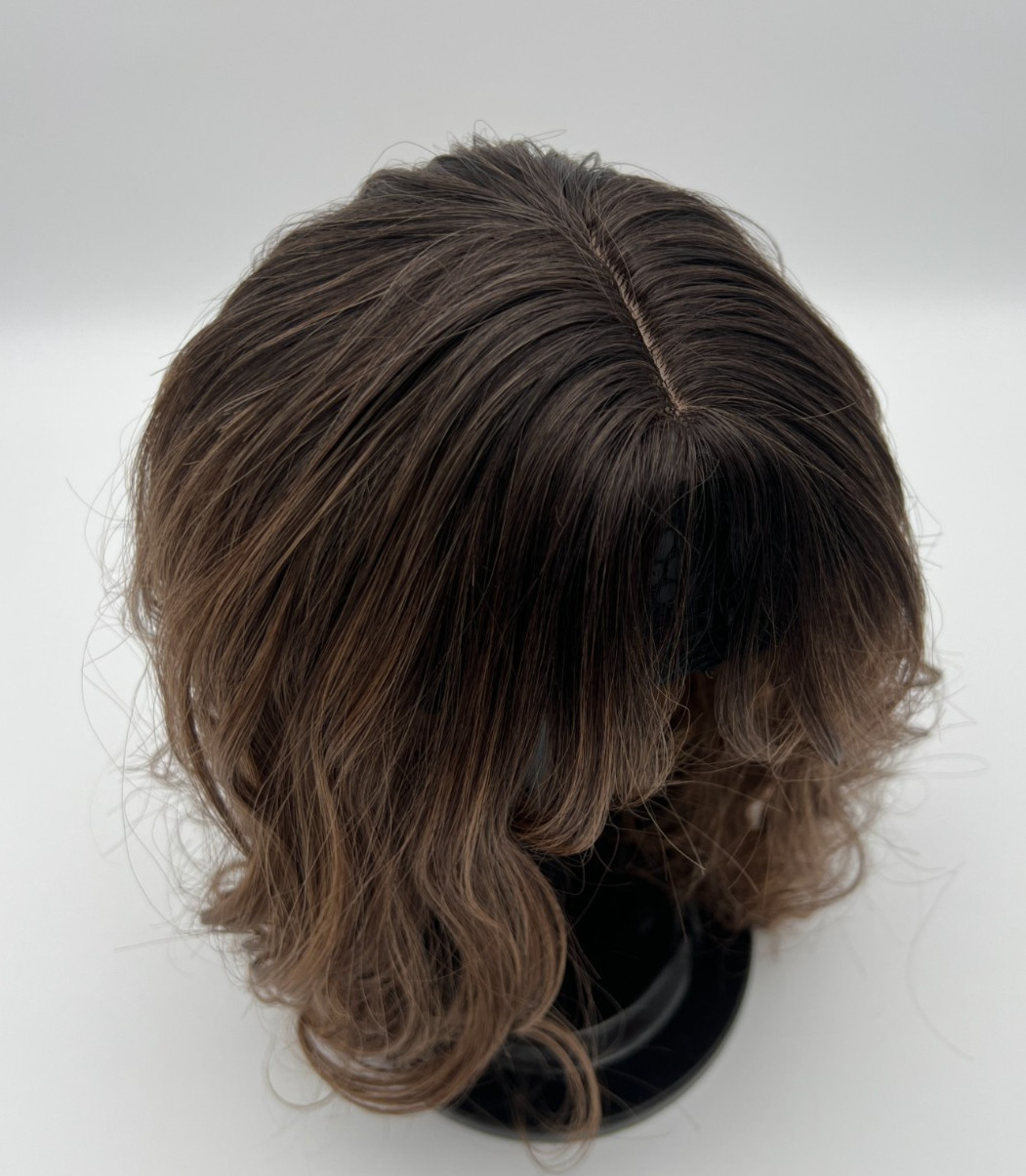 Ombre Brown Dark Roots w/ Side Bangs Long Wavy 20in Women Premium Hair Topper