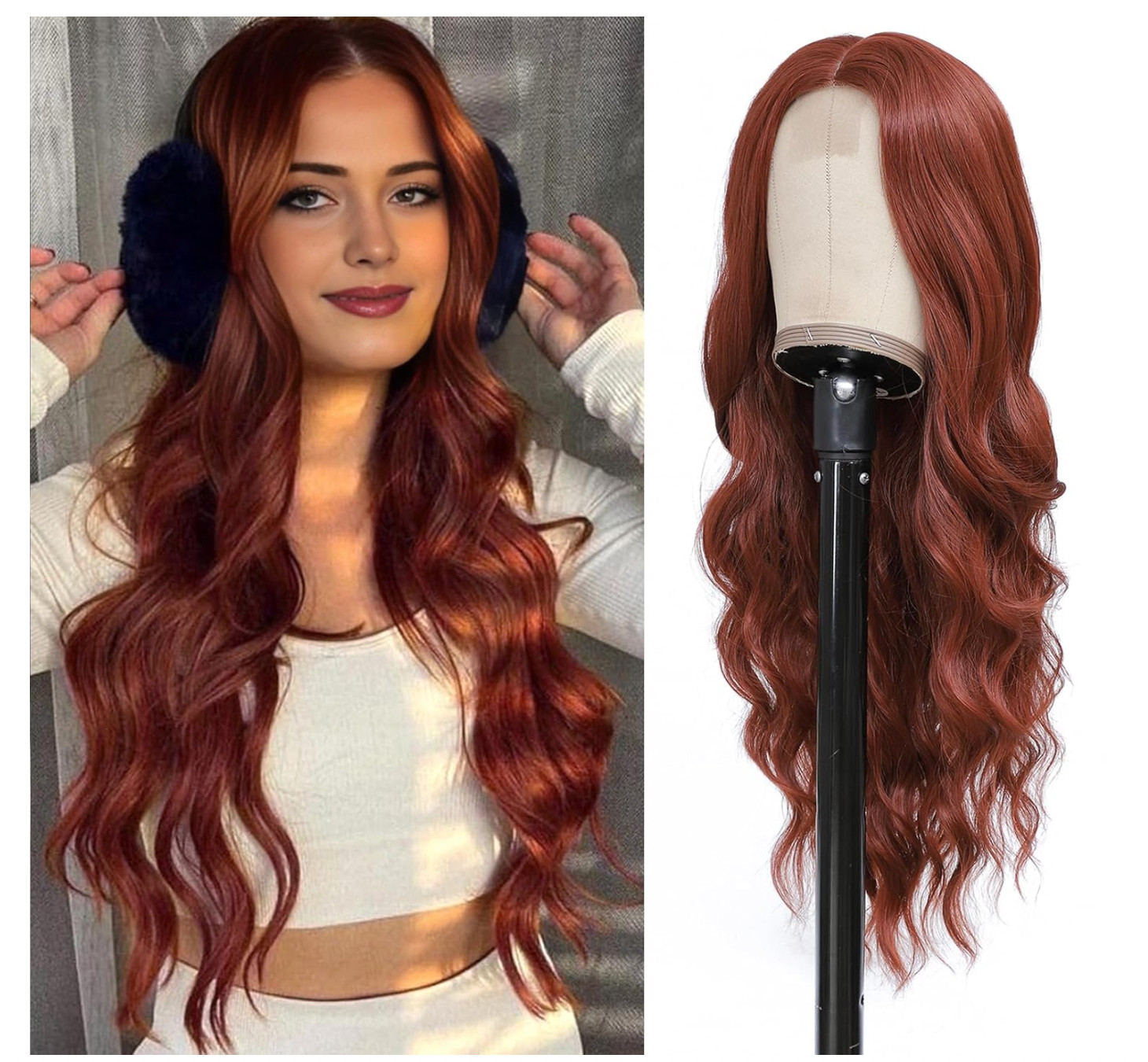 Long Auburn Wavy Wig for Women, 26 Inch Middle Part for Daily Party Use