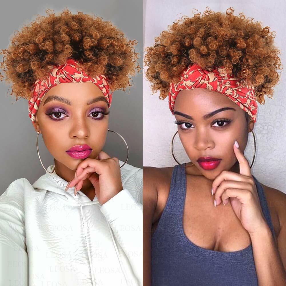 Ombre Brown Kinky Curly Headband Wigs for Black Women Short Afro Synthetic Wig