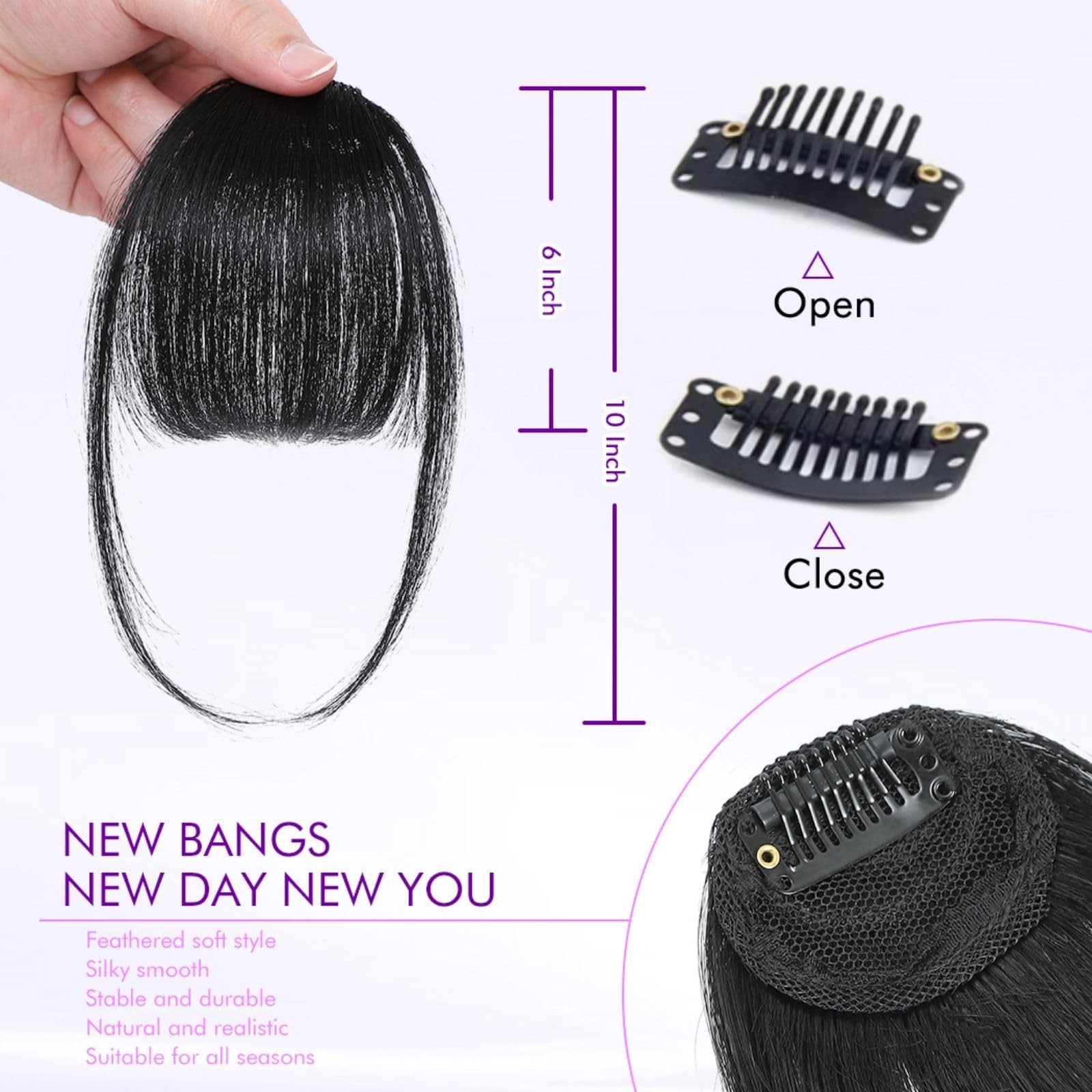 Clip in Bangs 100% Real Human Hair Extensions Wispy Natural Black Fake Bangs
