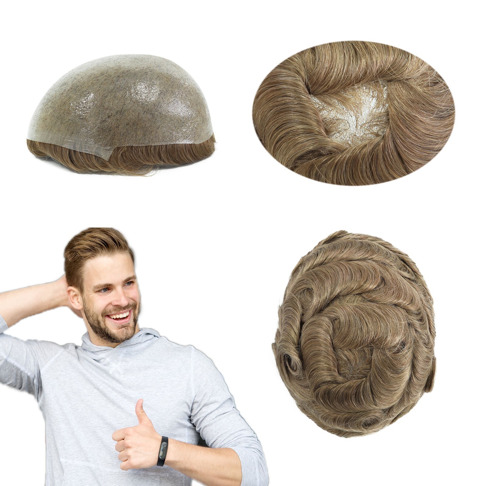 Mens Toupee Human Hair Replacement System Thin Skin Dark Blonde Red Hair #20R