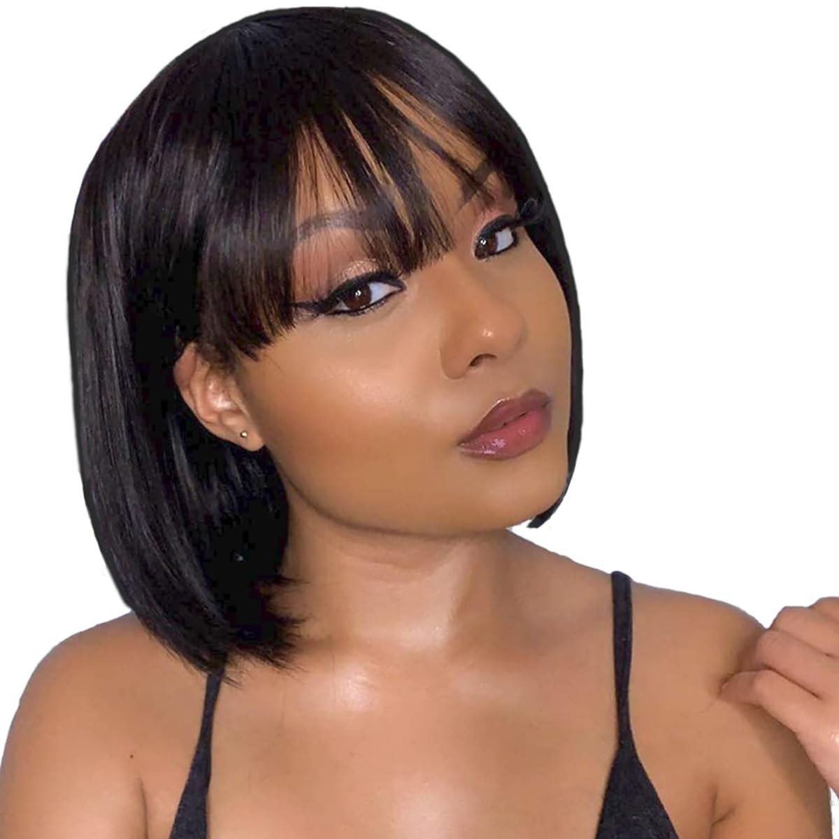 Bob Human Hair Wigs with Bangs No Lace Front Wig Straight Brazilian Glueless Wig