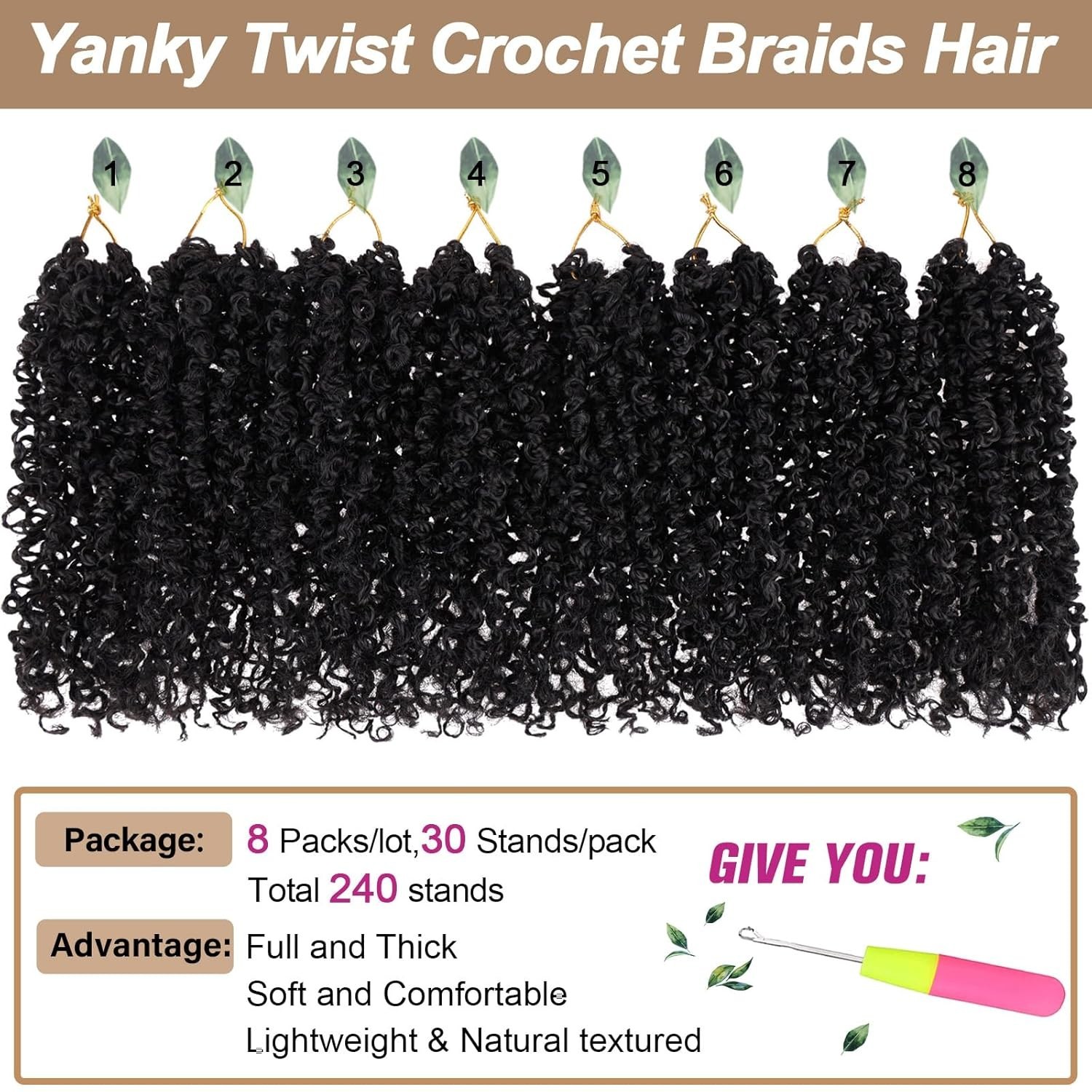 2 Packs 8 Inch Pre Looped Yanky Twist Crochet Hair Natural Black Curly Ends