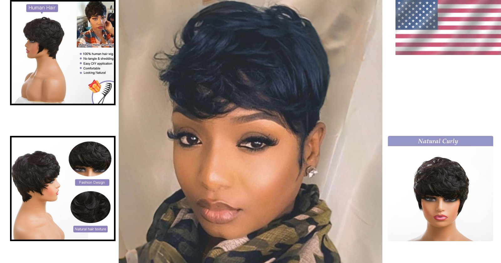 Human Hair Wigs Black Short Curly Pixie Cut with Bangs for Women