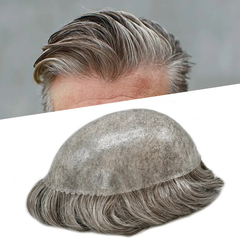 Full Poly Skin Mens Toupee 0.08mm PU Human Hair System Replacement Wig for Men