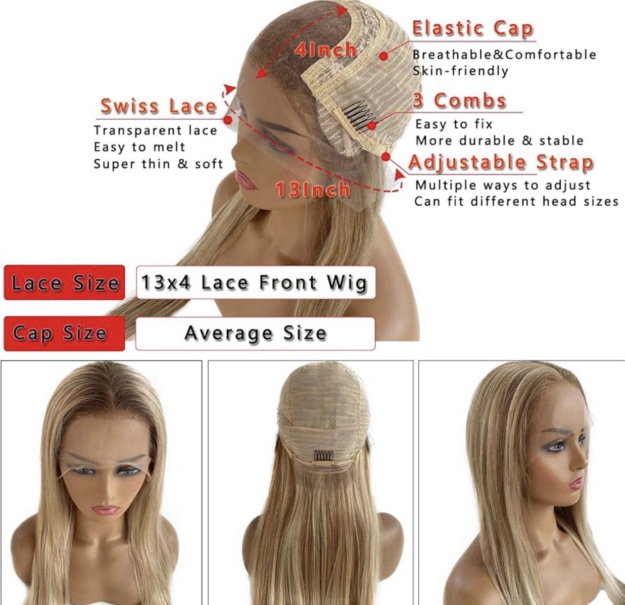 22” Strawberry Blonde Mixed Platinum Blonde HD Lace Front Human Hair Wigs, 13×4