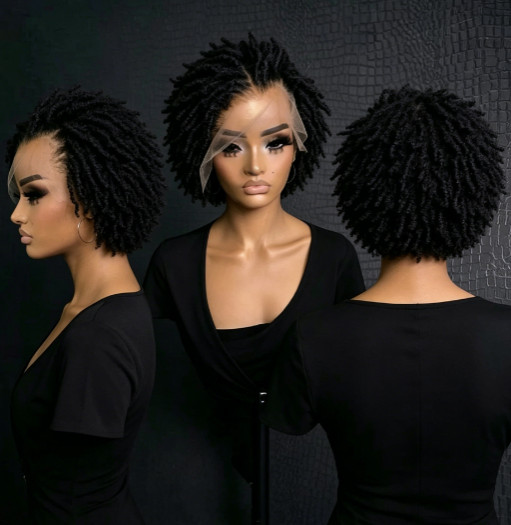 Fashion Black Kinky Twist Wigs Afro Pixie Cut Human Hair Lace Front Wigs 13×4