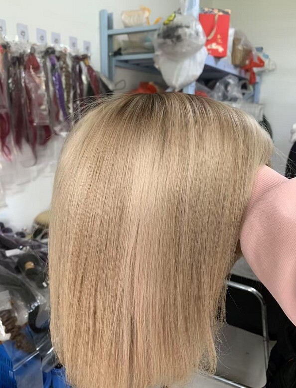 Ombre Highlight Blonde Wig with Bangs 100% Human Hair None Lace
