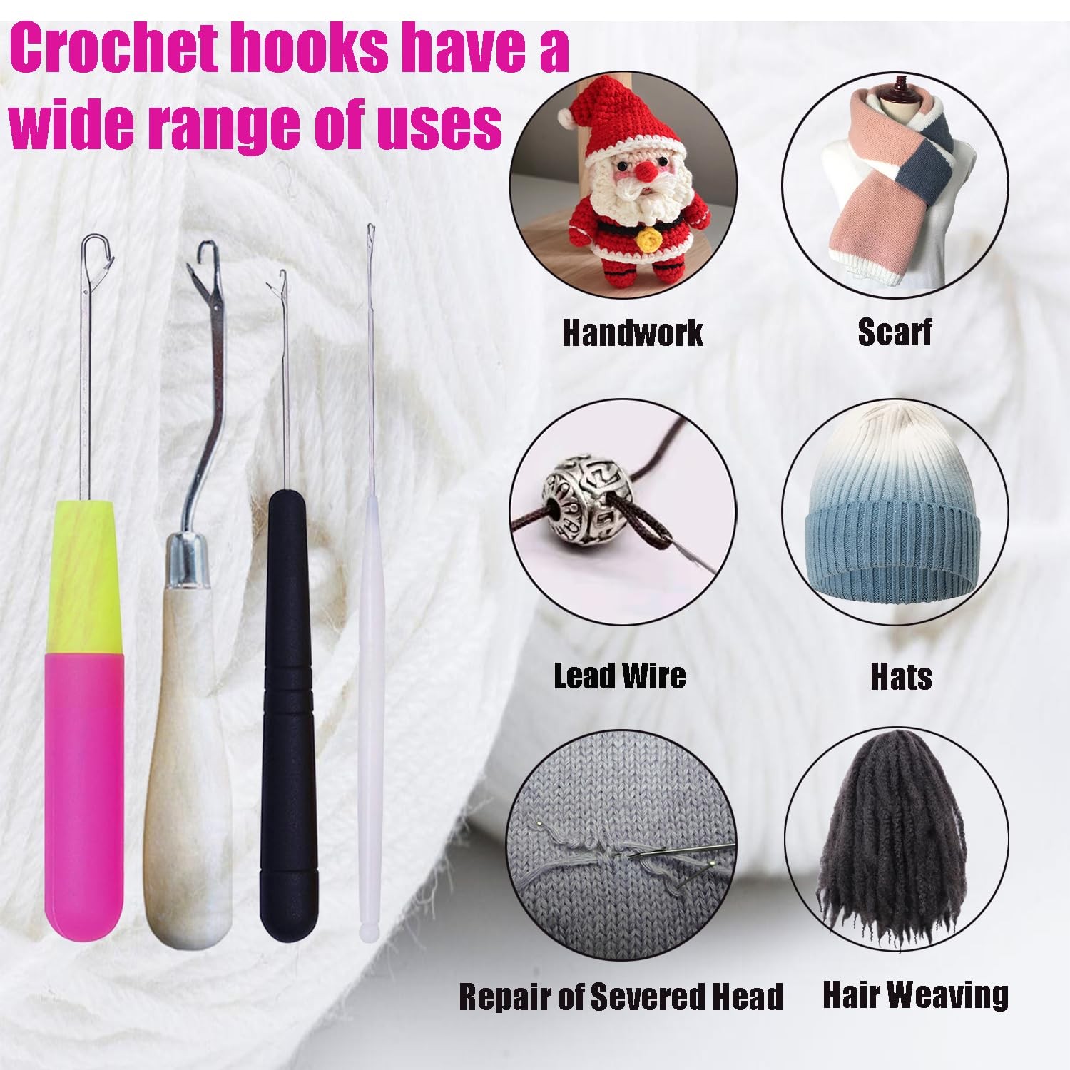 HAMIYELL Pack of 5 Different Sizes Latch Hook Crochet Needle large, White