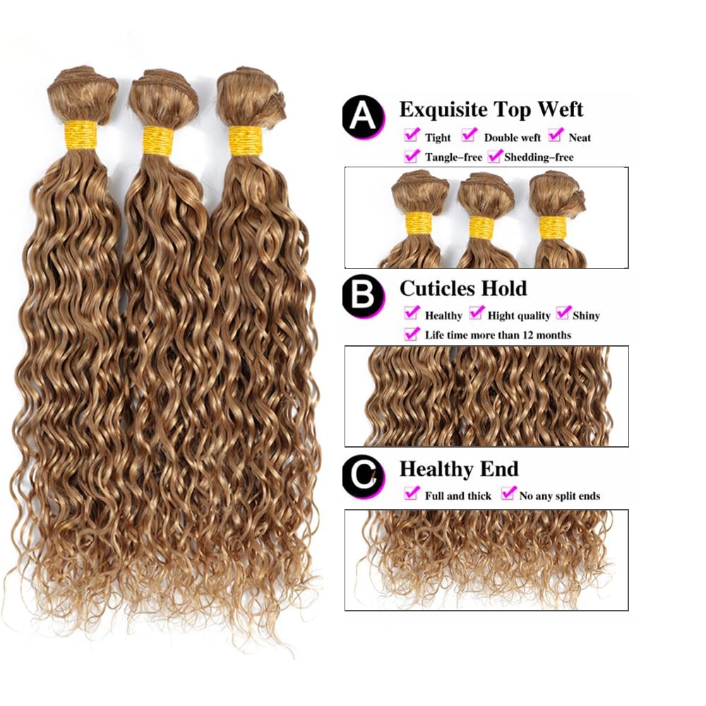 Biliisyff Honey Blonde Human Hair Color 27 Water Wave 24 26 28 Inch